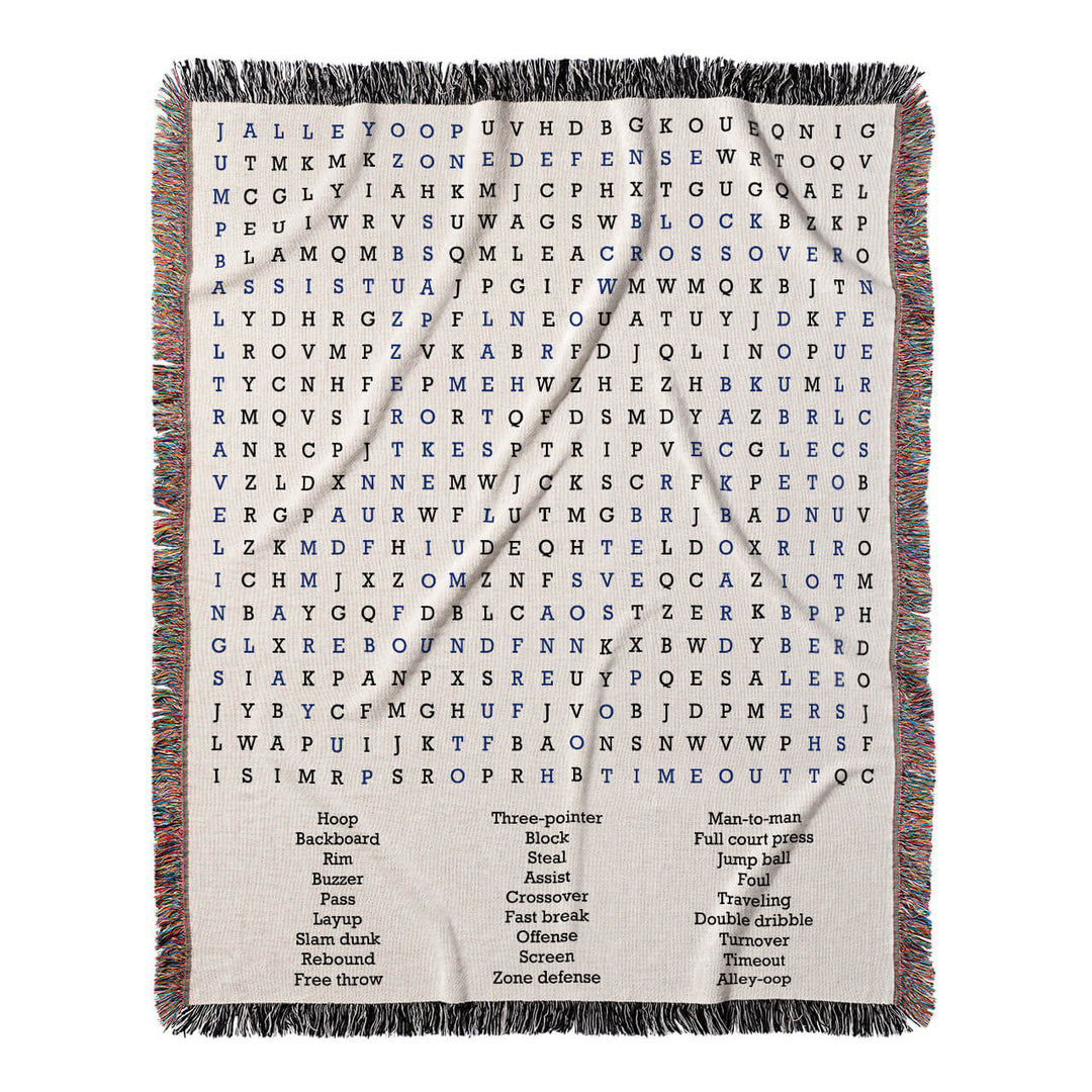 Slam Dunk Fun Word Search, 50x60 Woven Throw Blanket, Blue#color-of-hidden-words_blue