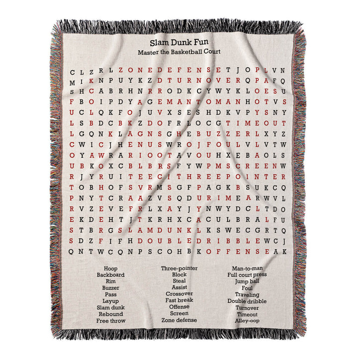 Slam Dunk Fun Word Search, 50x60 Woven Throw Blanket, Red#color-of-hidden-words_red