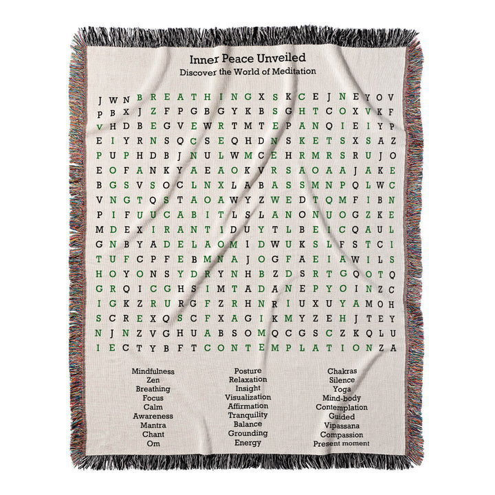 Inner Peace Unveiled Word Search, 50x60 Woven Throw Blanket, Green#color-of-hidden-words_green