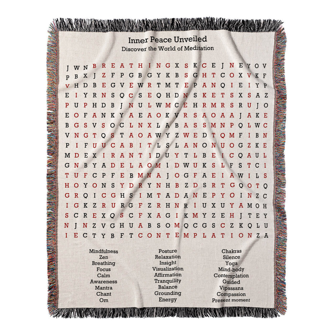 Inner Peace Unveiled Word Search, 50x60 Woven Throw Blanket, Red#color-of-hidden-words_red