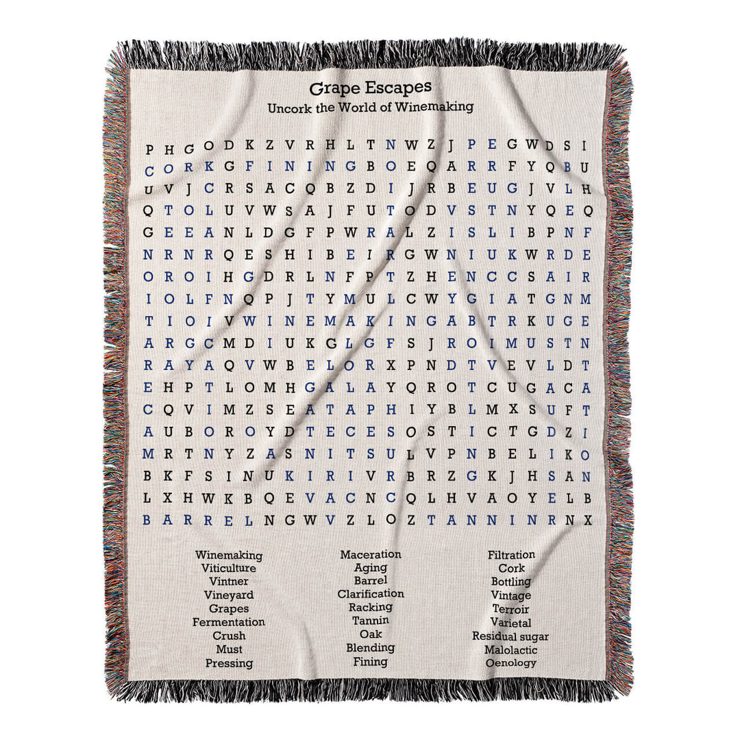Grape Escapes Word Search, 50x60 Woven Throw Blanket, Blue#color-of-hidden-words_blue