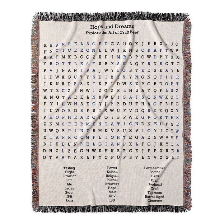 Hops and Dreams Word Search, 50x60 Woven Throw Blanket, Blue#color-of-hidden-words_blue