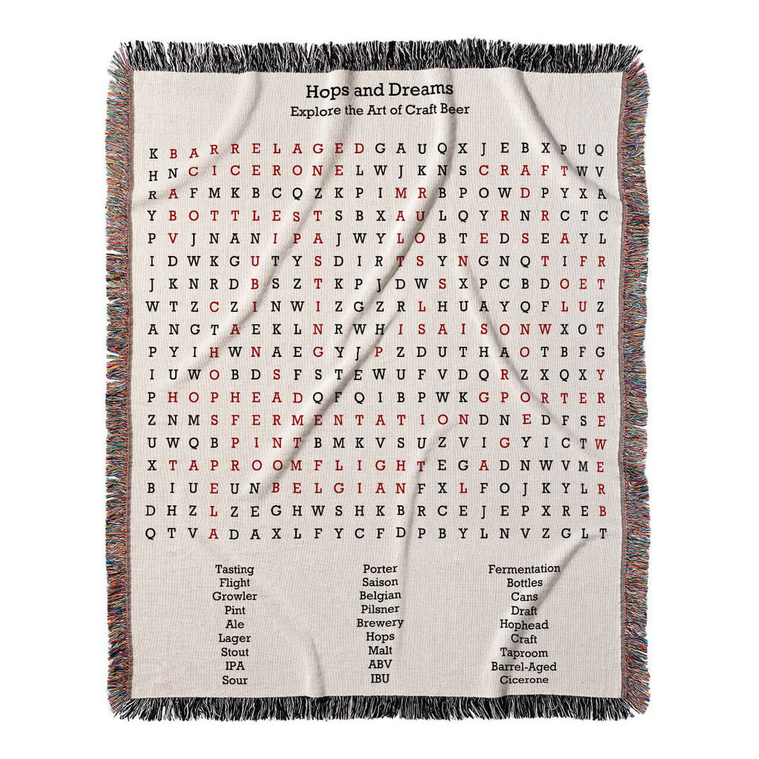 Hops and Dreams Word Search, 50x60 Woven Throw Blanket, Red#color-of-hidden-words_red