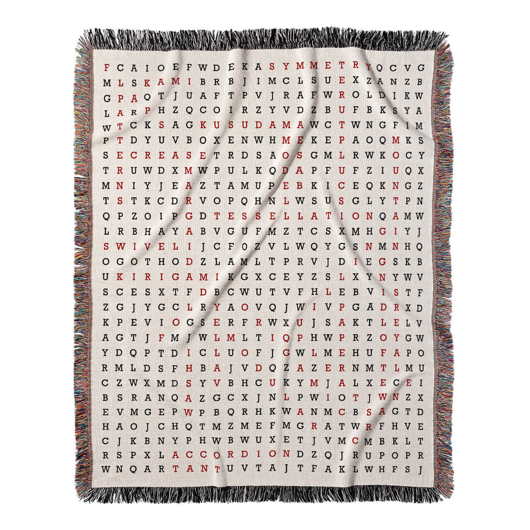 Folding Masterpieces Word Search, 50x60 Woven Throw Blanket, Red#color-of-hidden-words_red