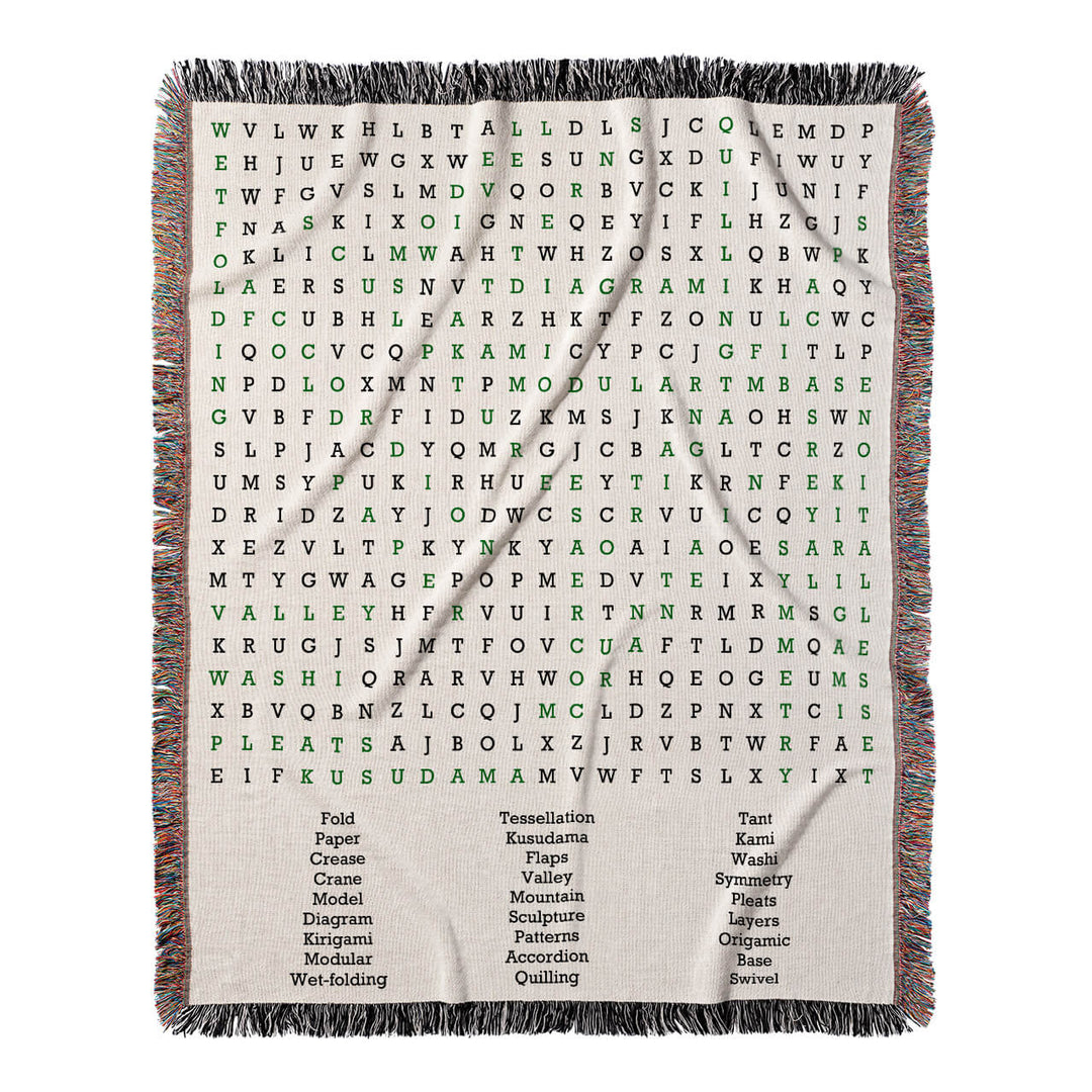Folding Masterpieces Word Search, 50x60 Woven Throw Blanket, Green#color-of-hidden-words_green