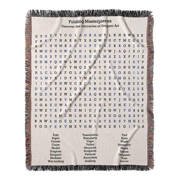 Folding Masterpieces Word Search, 50x60 Woven Throw Blanket, Blue#color-of-hidden-words_blue