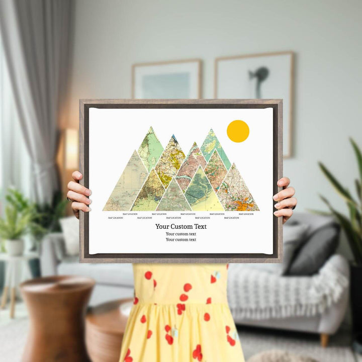 Personalized Mountain Atlas Map with 10 Locations, Gray Floater Framed Art Print, Styled#color-finish_gray-floater-frame