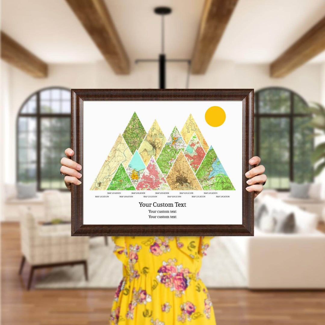 Personalized Mountain Atlas Map with 11 Locations, Espresso Beveled Framed Art Print, Styled#color-finish_espresso-beveled-frame