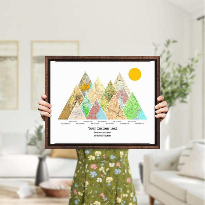 Personalized Mountain Atlas Map with 11 Locations, Espresso Floater Framed Art Print, Styled#color-finish_espresso-floater-frame
