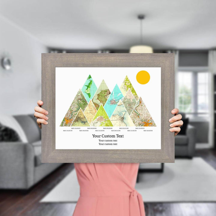 Personalized Mountain Atlas Map with 11 Locations, Gray Wide Framed Art Print, Styled#color-finish_gray-wide-frame