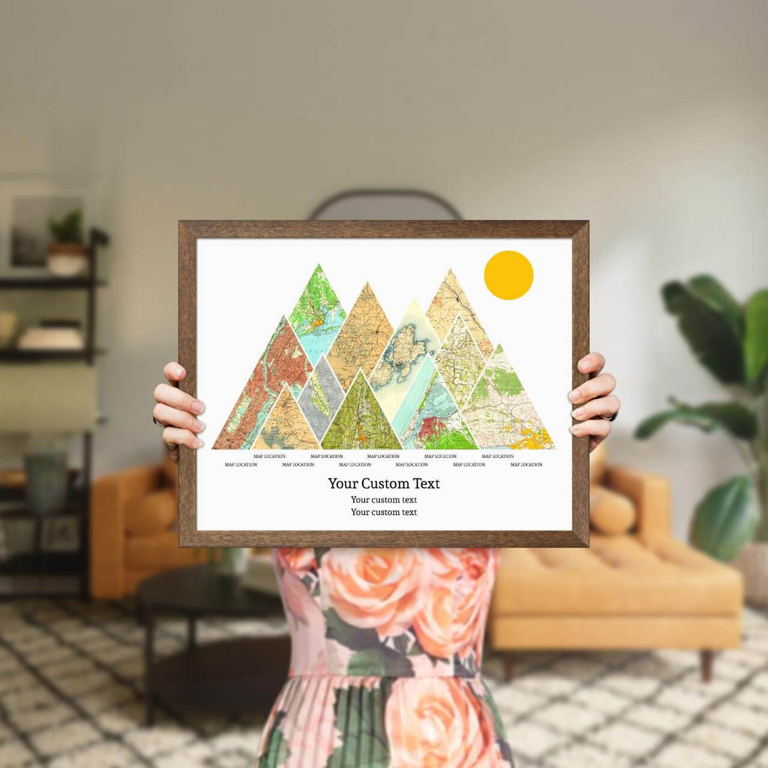 Personalized Mountain Atlas Map with 11 Locations, Walnut Thin Framed Art Print, Styled#color-finish_walnut-thin-frame