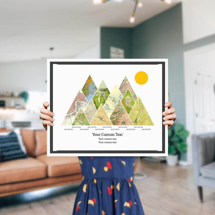 Personalized Mountain Atlas Map with 11 Locations, White Floater Framed Art Print, Styled#color-finish_white-floater-frame
