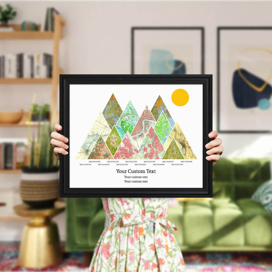 Personalized Mountain Atlas Map with 12 Locations, Black Beveled Framed Art Print, Styled#color-finish_black-beveled-frame