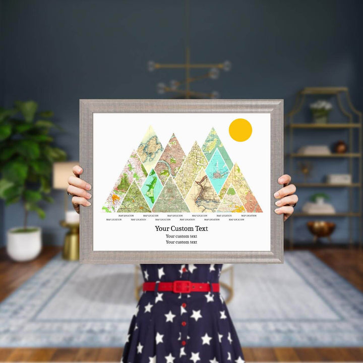 Personalized Mountain Atlas Map with 12 Locations, Gray Beveled Framed Art Print, Styled#color-finish_gray-beveled-frame