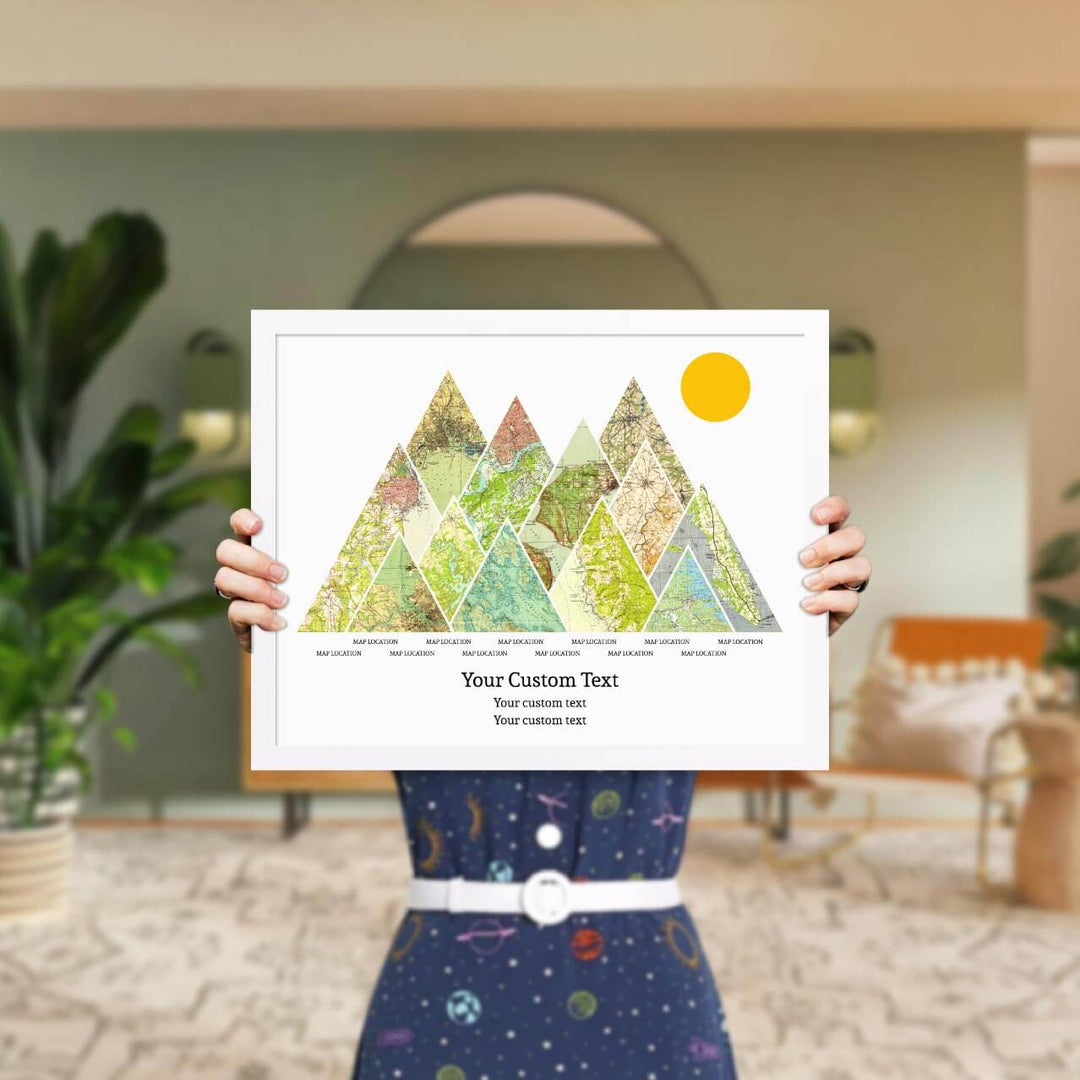 Personalized Mountain Atlas Map with 12 Locations, White Thin Framed Art Print, Styled#color-finish_white-thin-frame