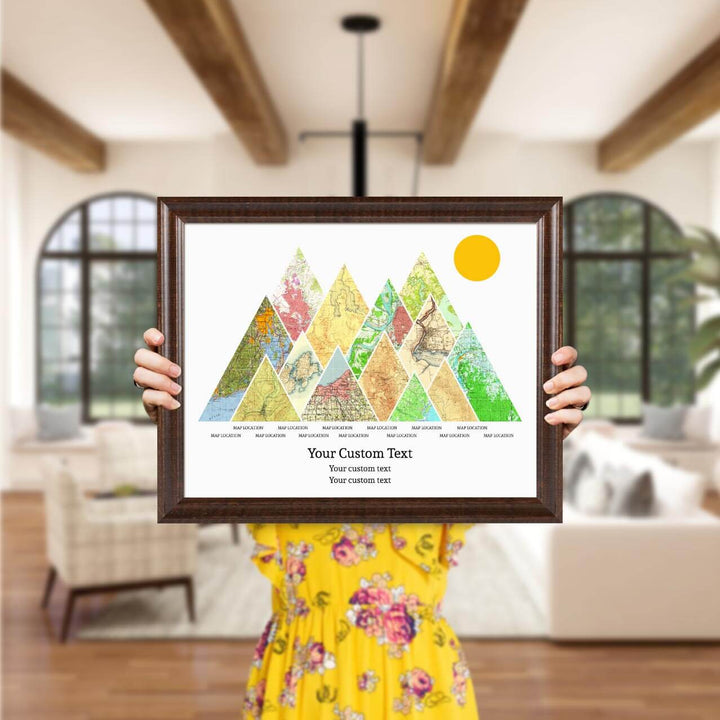 Personalized Mountain Atlas Map with 13 Locations, Espresso Beveled Framed Art Print, Styled#color-finish_espresso-beveled-frame