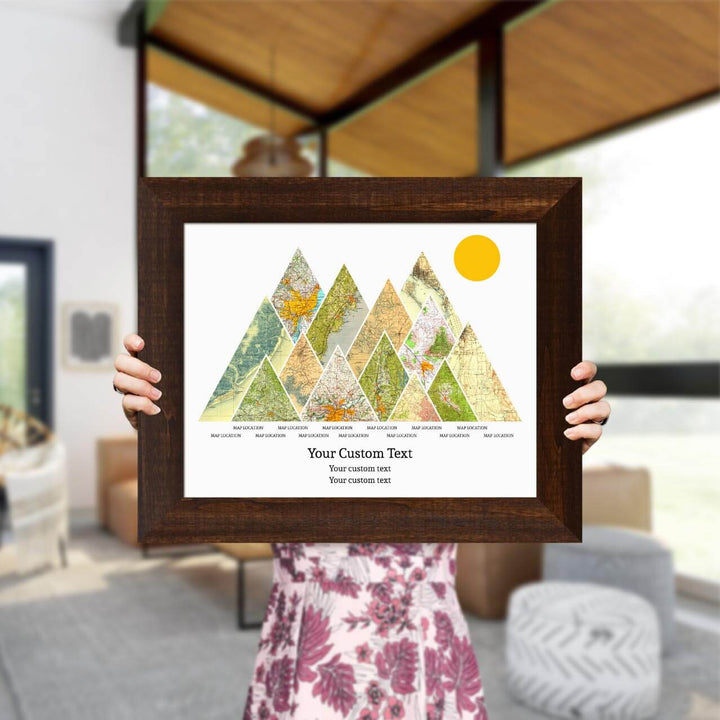 Personalized Mountain Atlas Map with 13 Locations, Espresso Wide Framed Art Print, Styled#color-finish_espresso-wide-frame