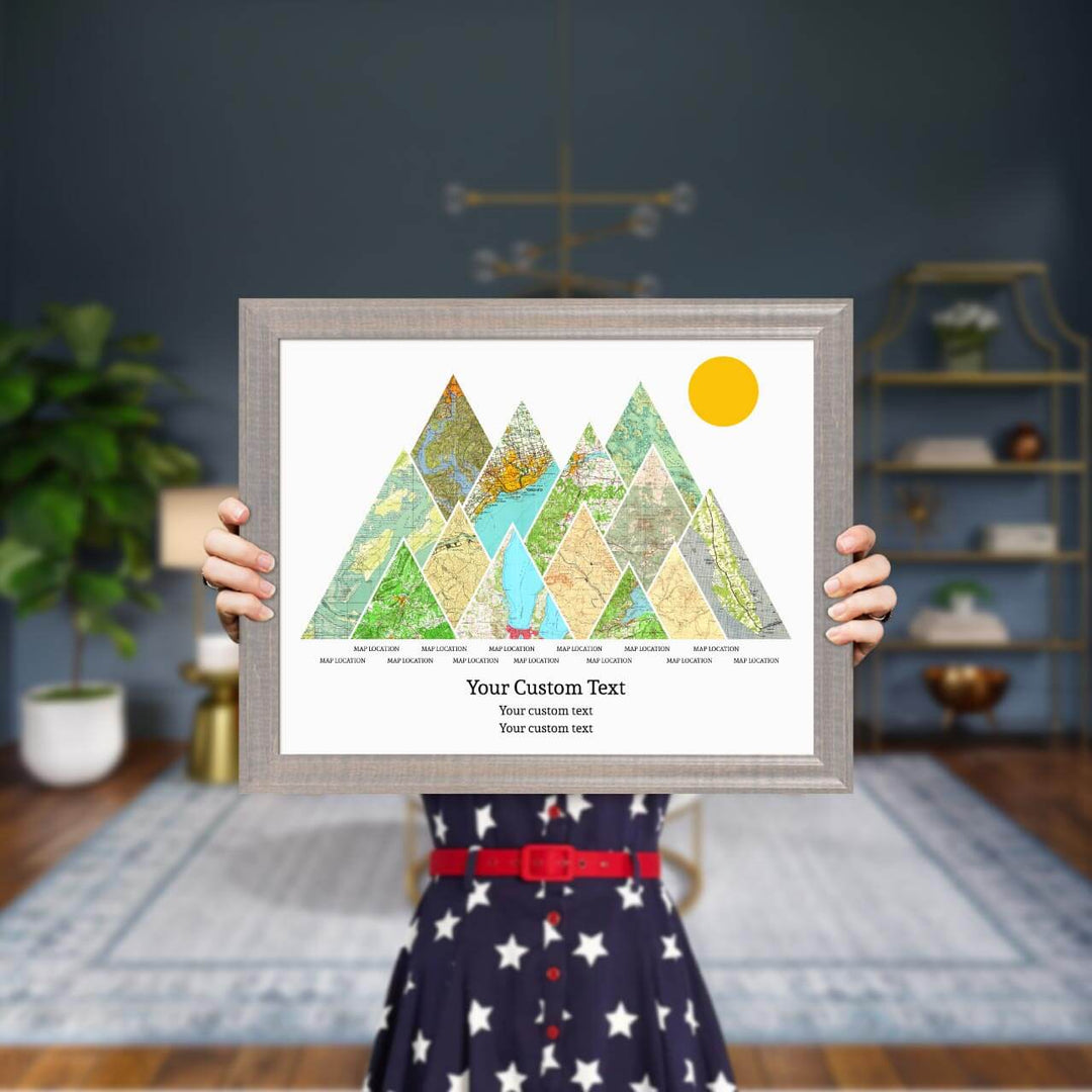 Personalized Mountain Atlas Map with 13 Locations, Gray Beveled Framed Art Print, Styled#color-finish_gray-beveled-frame