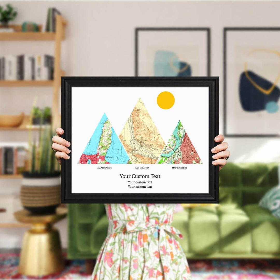 Personalized Mountain Atlas Map with 3 Locations, Black Beveled Framed Art Print, Styled#color-finish_black-beveled-frame