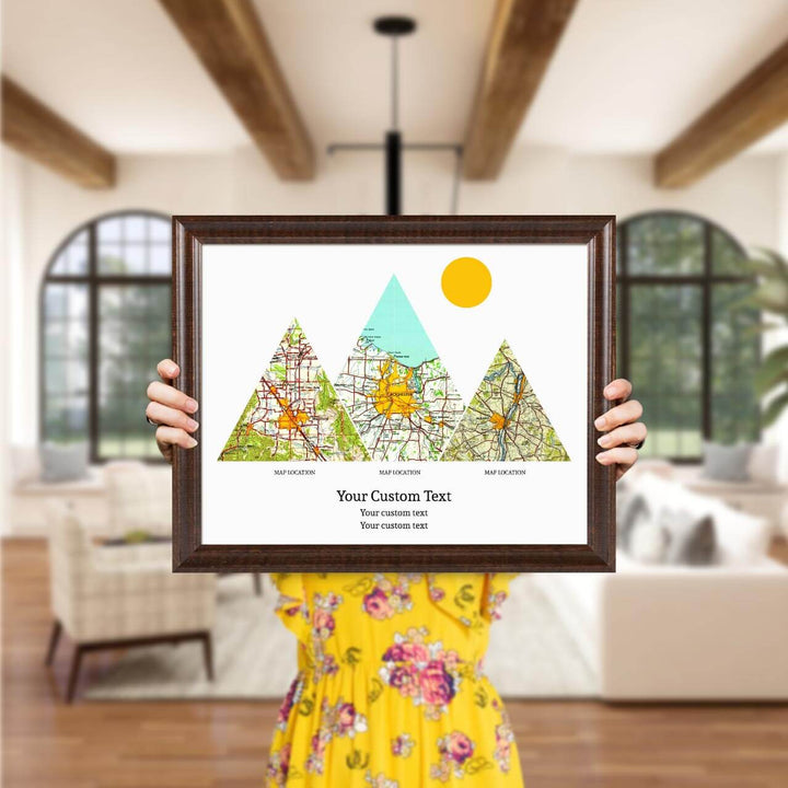 Personalized Mountain Atlas Map with 3 Locations, Espresso Beveled Framed Art Print, Styled#color-finish_espresso-beveled-frame
