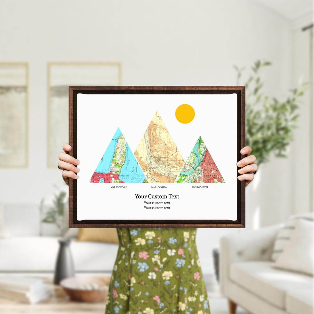 Personalized Mountain Atlas Map with 3 Locations, Espresso Floater Framed Art Print, Styled#color-finish_espresso-floater-frame