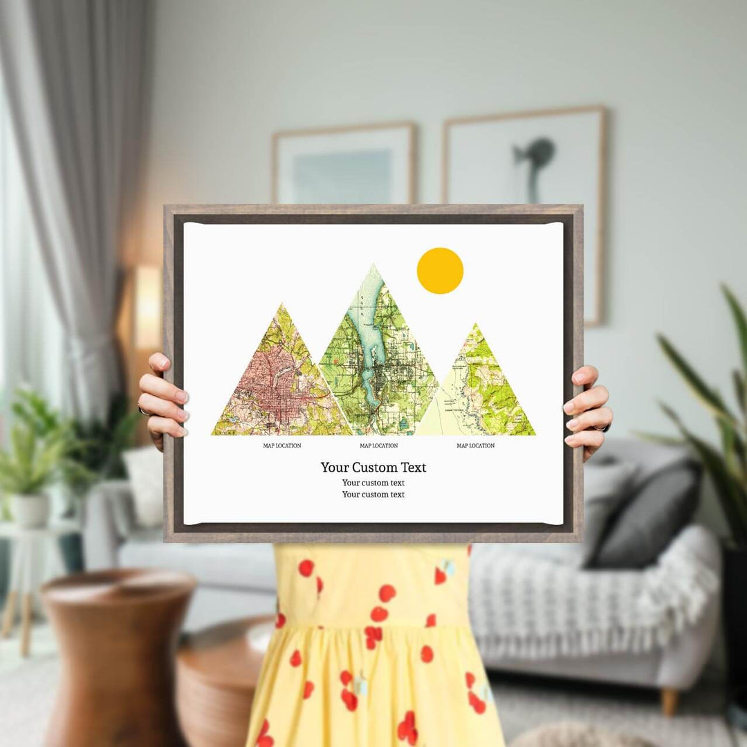 Personalized Mountain Atlas Map with 3 Locations, Gray Floater Framed Art Print, Styled#color-finish_gray-floater-frame
