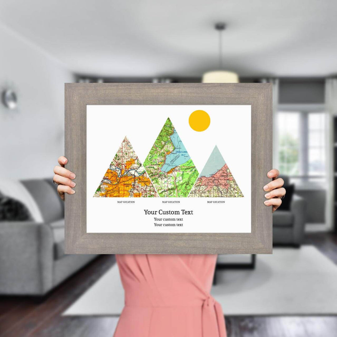 Personalized Mountain Atlas Map with 3 Locations, Gray Wide Framed Art Print, Styled#color-finish_gray-wide-frame
