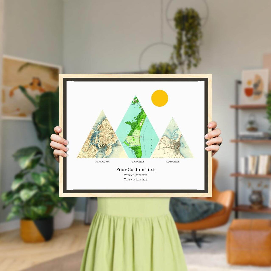 Personalized Mountain Atlas Map with 3 Locations, Light Wood Floater Framed Art Print, Styled#color-finish_light-wood-floater-frame