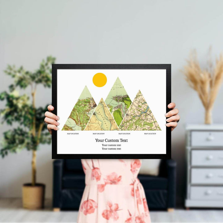 Personalized Mountain Atlas Map with 4 Locations, Black Thin Framed Art Print, Styled#color-finish_black-thin-frame