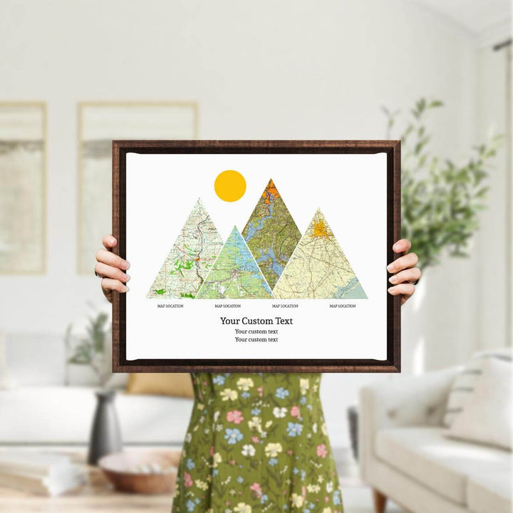 Personalized Mountain Atlas Map with 4 Locations, Espresso Floater Framed Art Print, Styled#color-finish_espresso-floater-frame