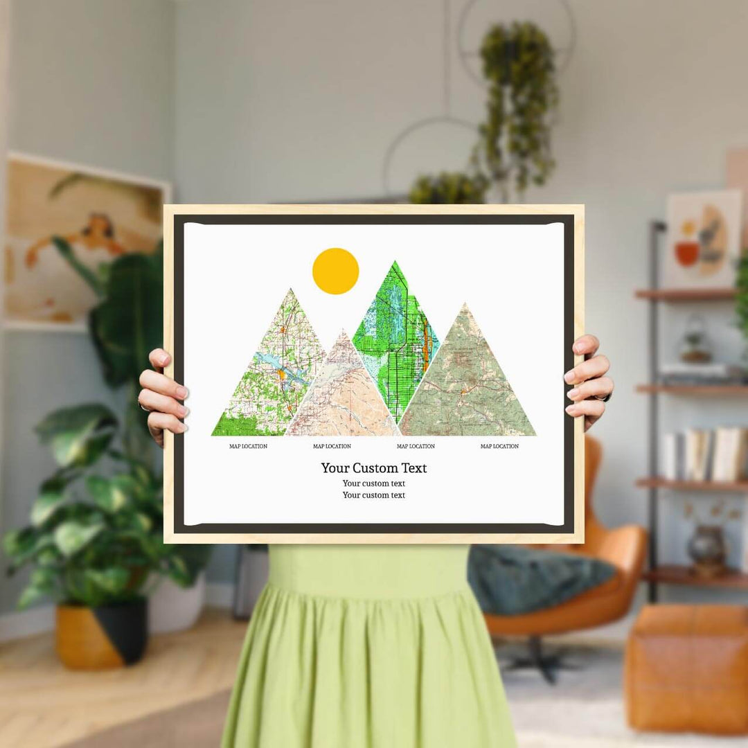 Personalized Mountain Atlas Map with 4 Locations, Light Wood Floater Framed Art Print, Styled#color-finish_light-wood-floater-frame