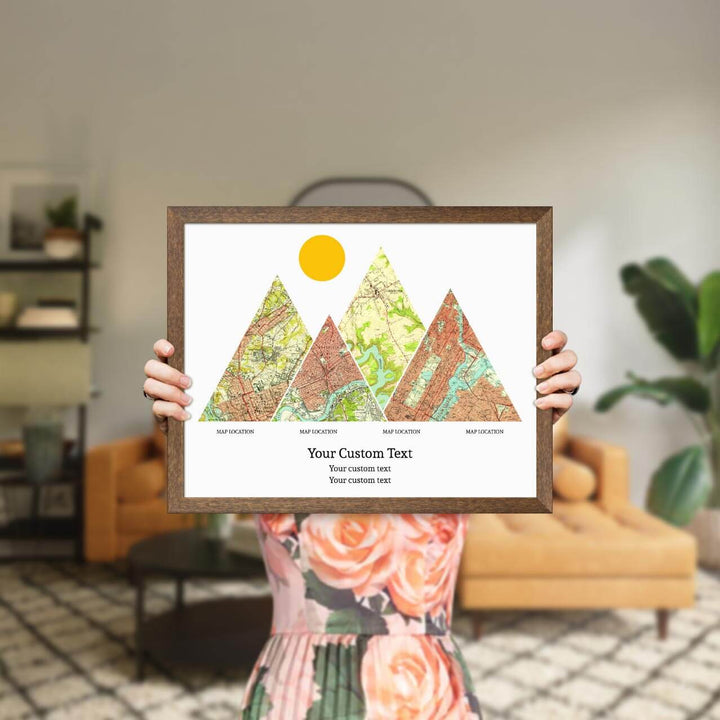 Personalized Mountain Atlas Map with 4 Locations, Walnut Thin Framed Art Print, Styled#color-finish_walnut-thin-frame