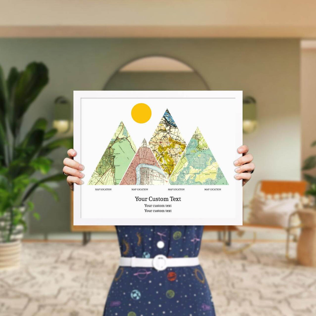 Personalized Mountain Atlas Map with 4 Locations, White Thin Framed Art Print, Styled#color-finish_white-thin-frame
