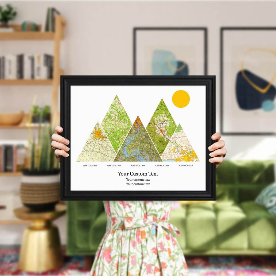 Personalized Mountain Atlas Map with 5 Locations, Black Beveled Framed Art Print, Styled#color-finish_black-beveled-frame