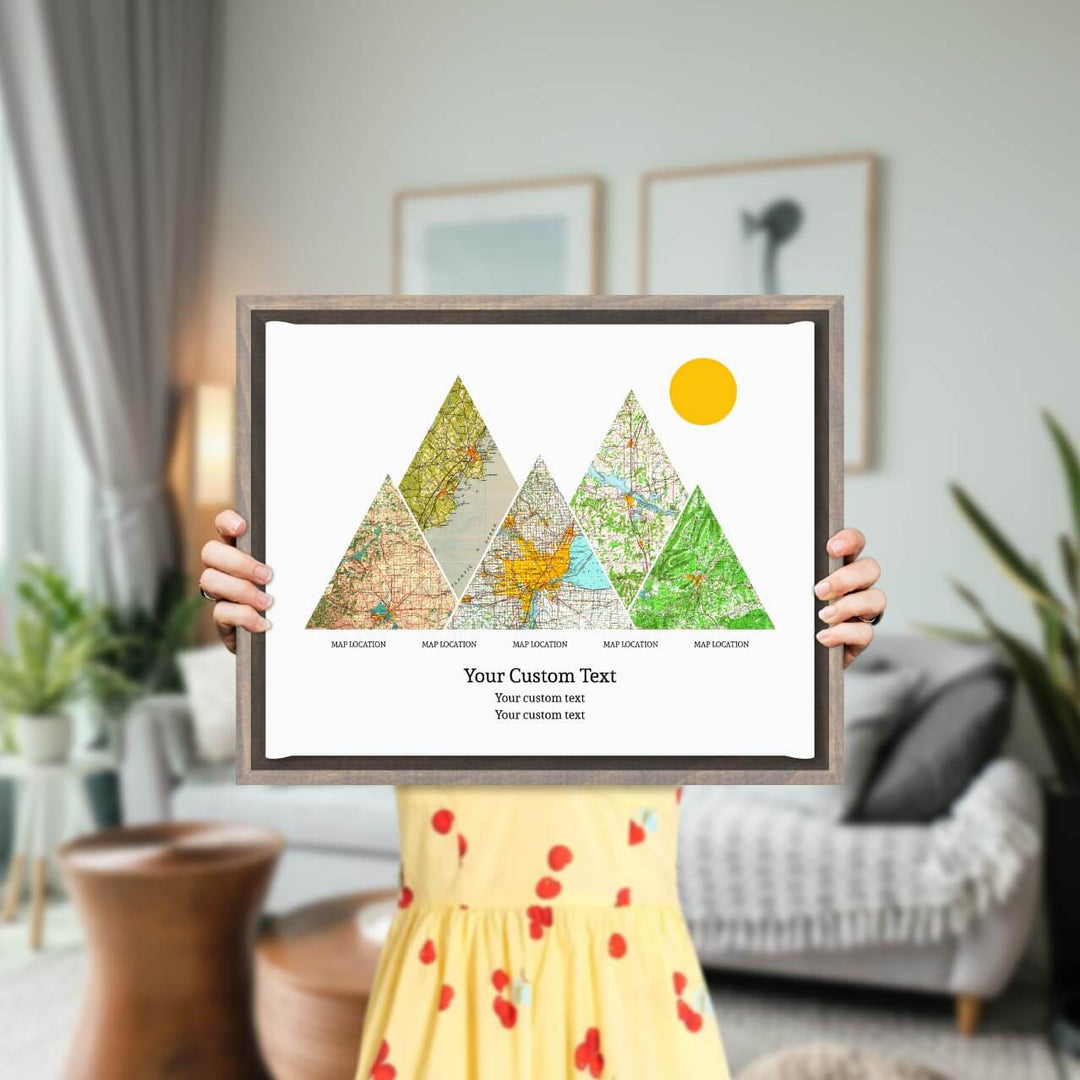 Personalized Mountain Atlas Map with 5 Locations, Gray Floater Framed Art Print, Styled#color-finish_gray-floater-frame