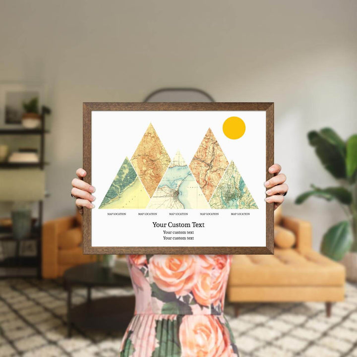 Personalized Mountain Atlas Map with 5 Locations, Walnut Thin Framed Art Print, Styled#color-finish_walnut-thin-frame