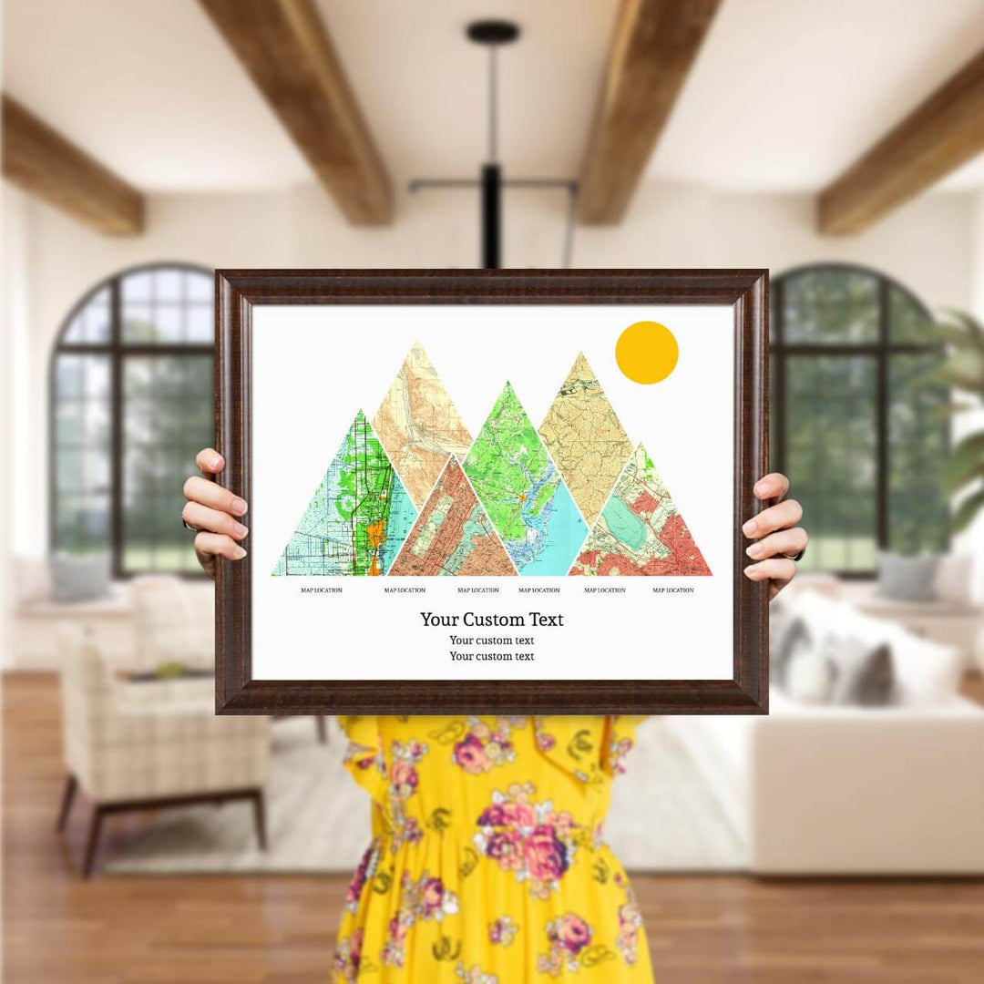 Personalized Mountain Atlas Map with 6 Locations, Espresso Beveled Framed Art Print, Styled#color-finish_espresso-beveled-frame