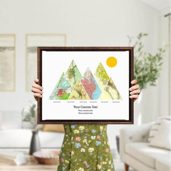 Personalized Mountain Atlas Map with 6 Locations, Espresso Floater Framed Art Print, Styled#color-finish_espresso-floater-frame
