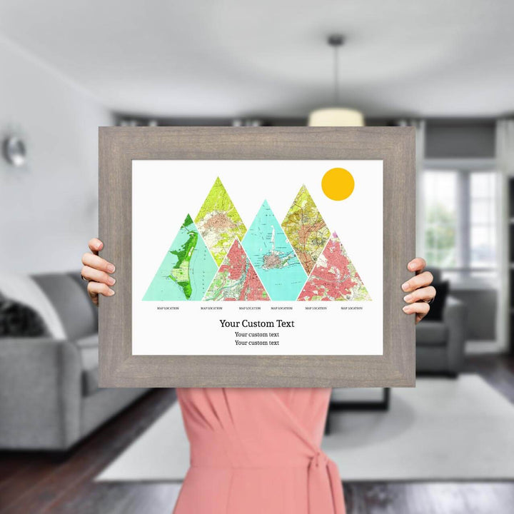 Personalized Mountain Atlas Map with 6 Locations, Gray Wide Framed Art Print, Styled#color-finish_gray-wide-frame