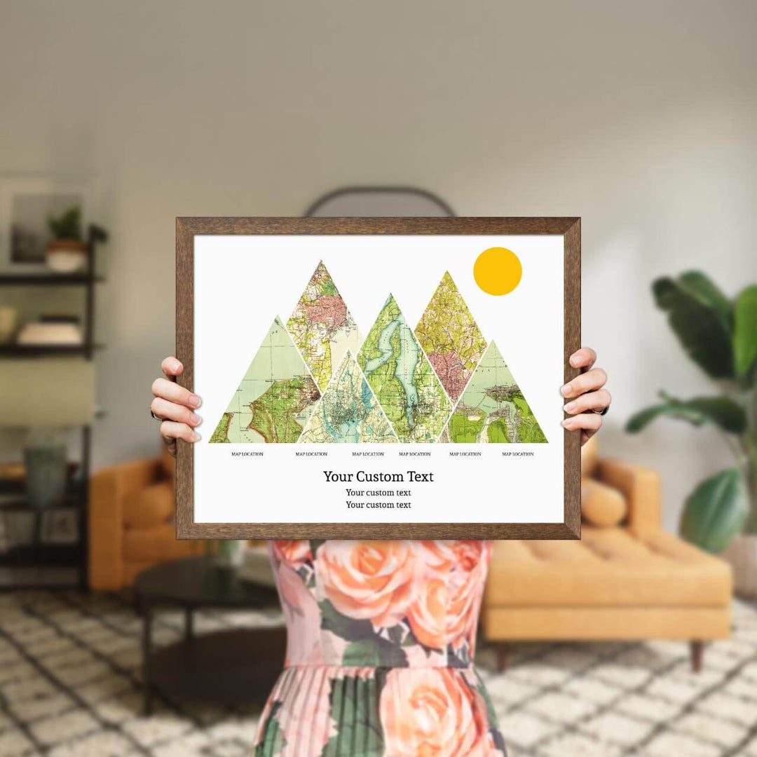 Personalized Mountain Atlas Map with 6 Locations, Walnut Thin Framed Art Print, Styled#color-finish_walnut-thin-frame