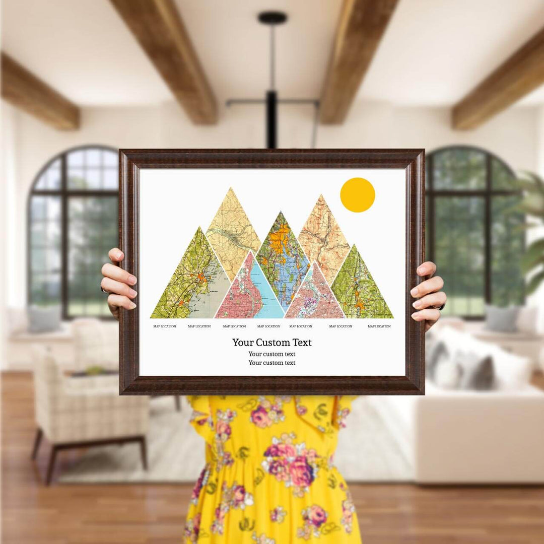 Personalized Mountain Atlas Map with 7 Locations, Espresso Beveled Framed Art Print, Styled#color-finish_espresso-beveled-frame