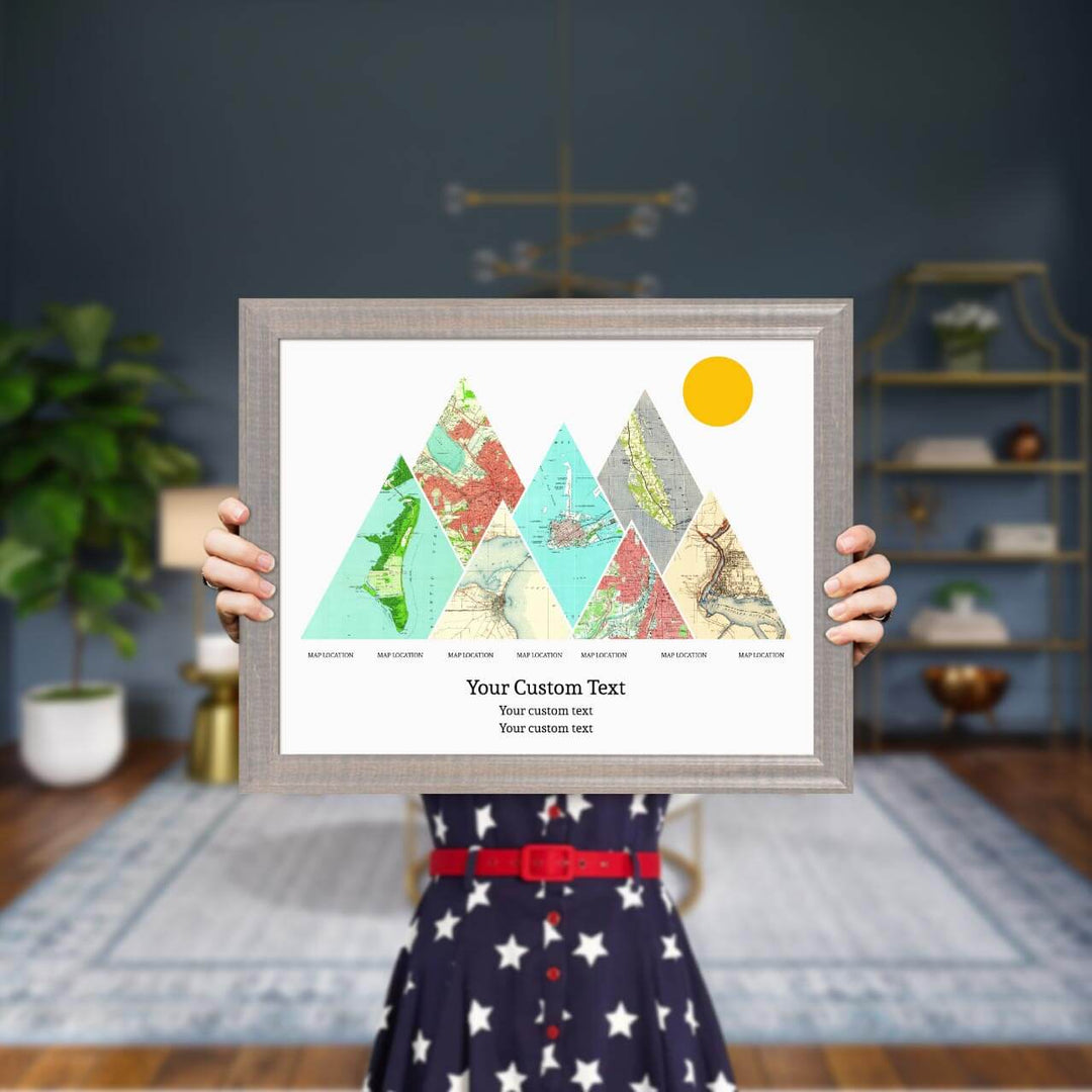 Personalized Mountain Atlas Map with 7 Locations, Gray Beveled Framed Art Print, Styled#color-finish_gray-beveled-frame