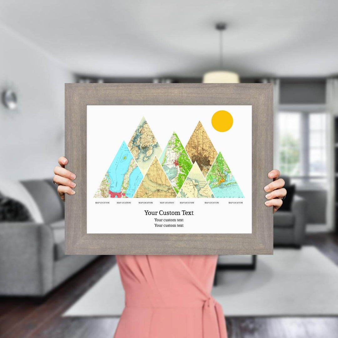 Personalized Mountain Atlas Map with 7 Locations, Gray Wide Framed Art Print, Styled#color-finish_gray-wide-frame