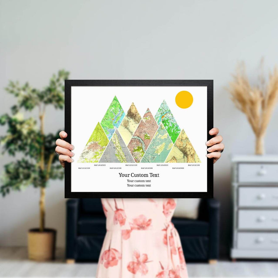 Personalized Mountain Atlas Map with 8 Locations, Black Thin Framed Art Print, Styled#color-finish_black-thin-frame