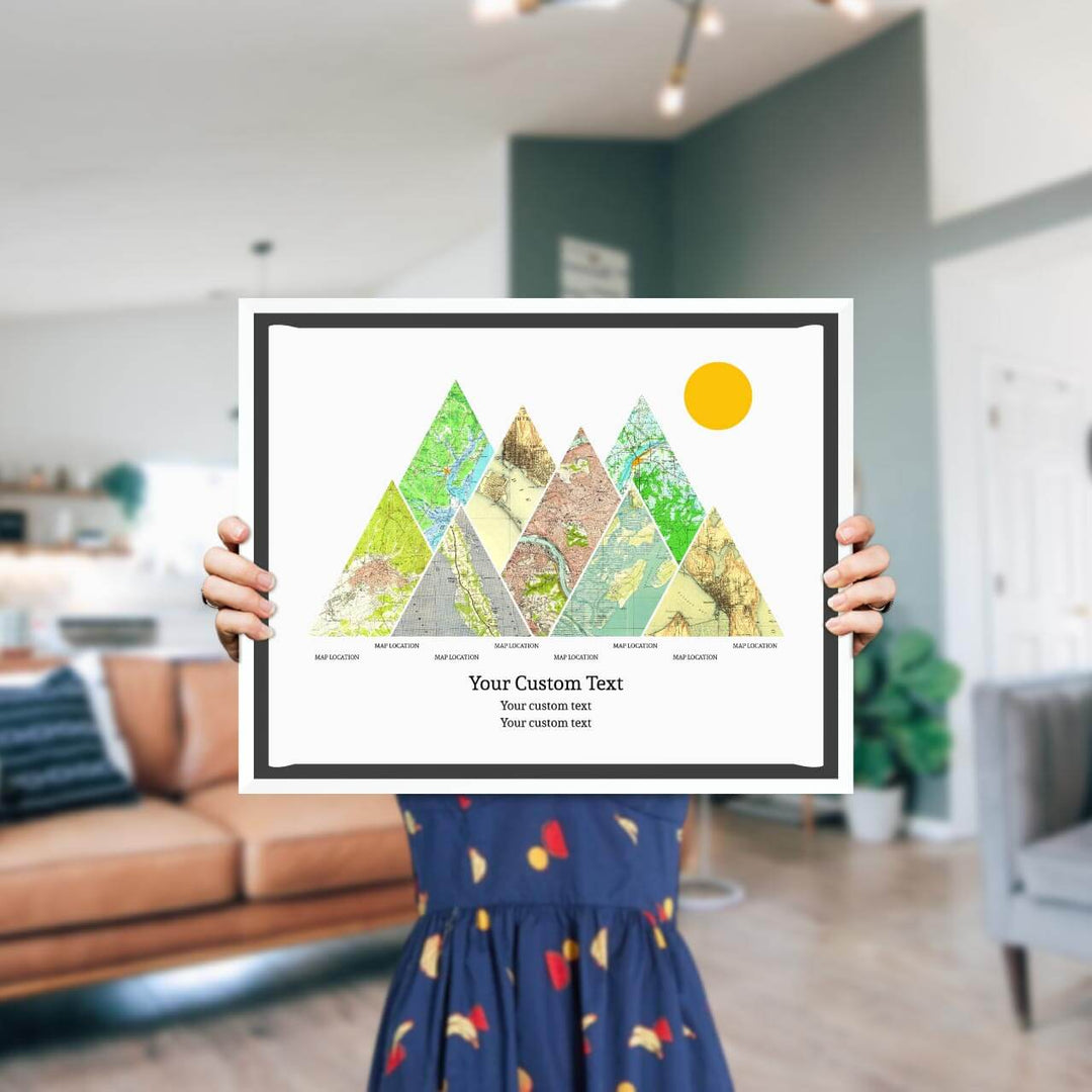 Personalized Mountain Atlas Map with 8 Locations, White Floater Framed Art Print, Styled#color-finish_white-floater-frame