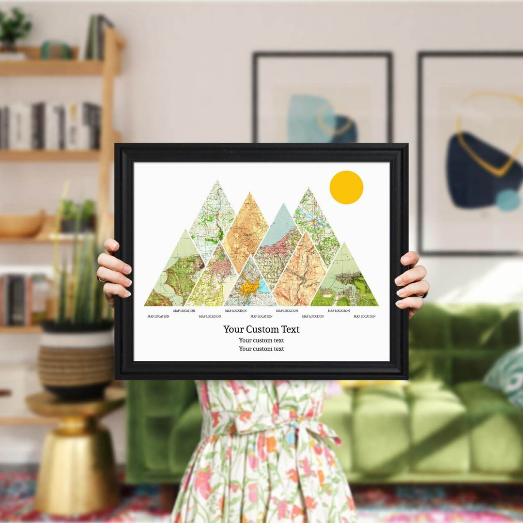 Personalized Mountain Atlas Map with 9 Locations, Black Beveled Framed Art Print, Styled#color-finish_black-beveled-frame