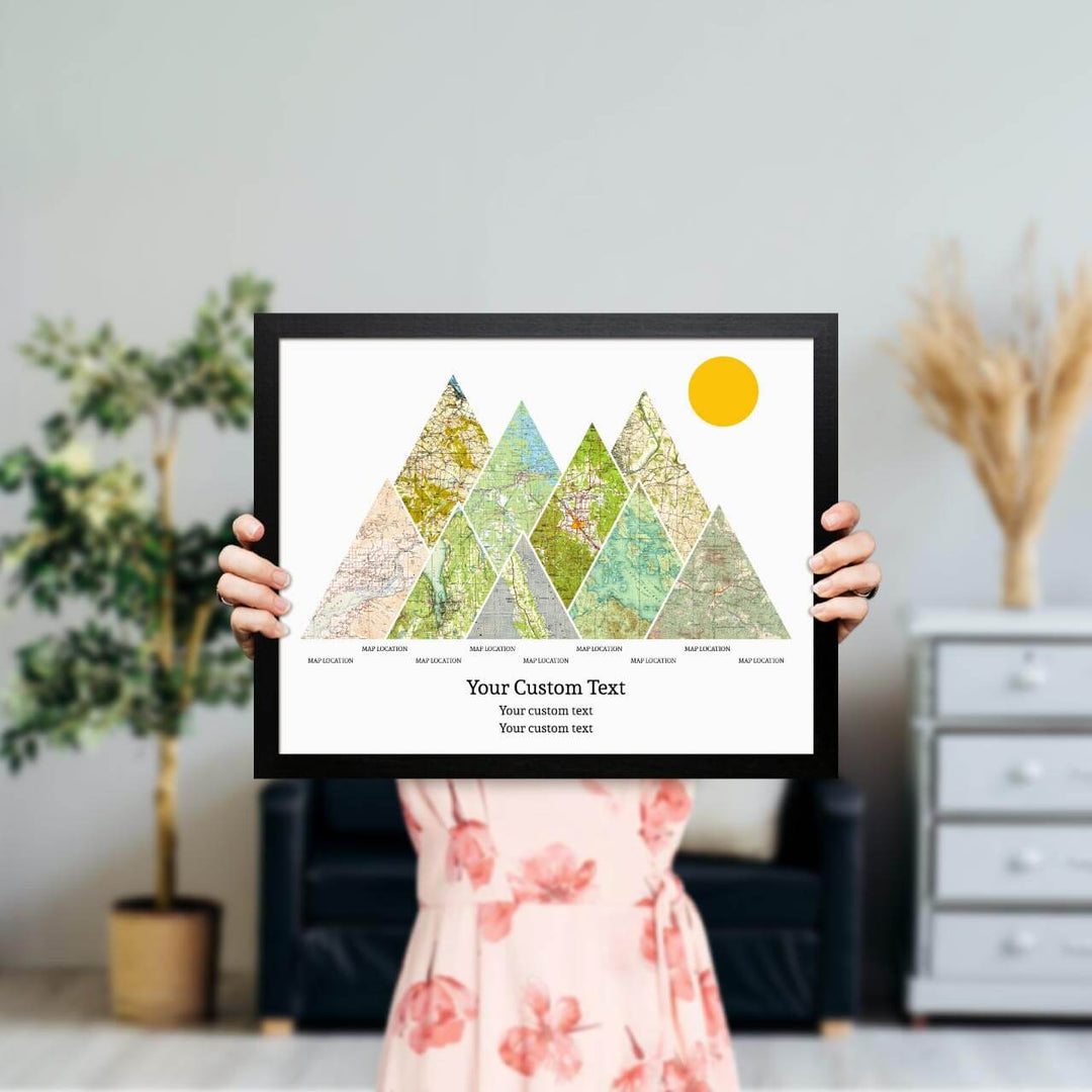 Personalized Mountain Atlas Map with 9 Locations, Black Thin Framed Art Print, Styled#color-finish_black-thin-frame
