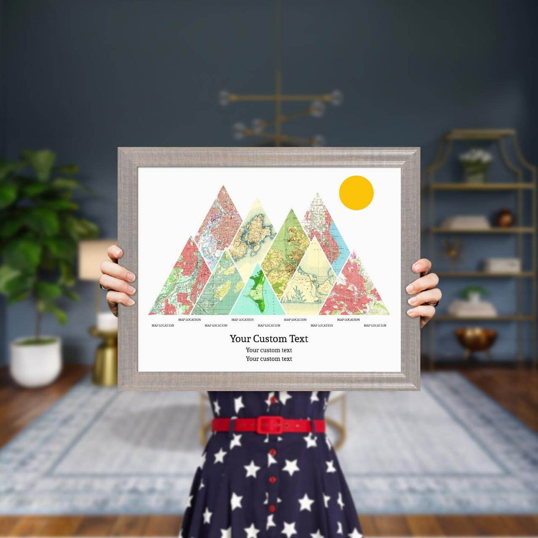 Personalized Mountain Atlas Map with 9 Locations, Gray Beveled Framed Art Print, Styled#color-finish_gray-beveled-frame
