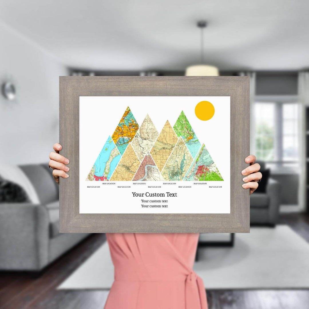 Personalized Mountain Atlas Map with 9 Locations, Gray Wide Framed Art Print, Styled#color-finish_gray-wide-frame