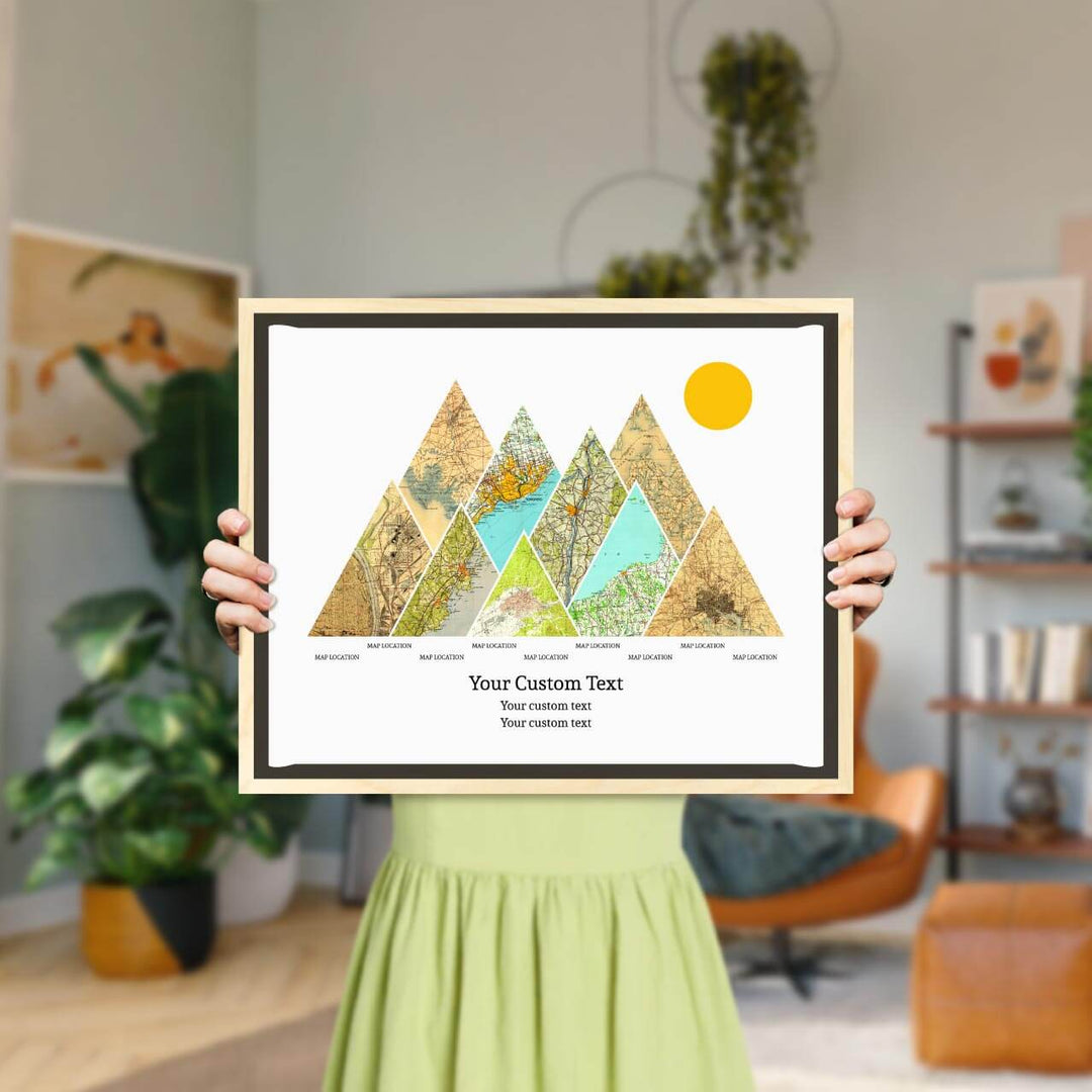 Personalized Mountain Atlas Map with 9 Locations, Light Wood Floater Framed Art Print, Styled#color-finish_light-wood-floater-frame